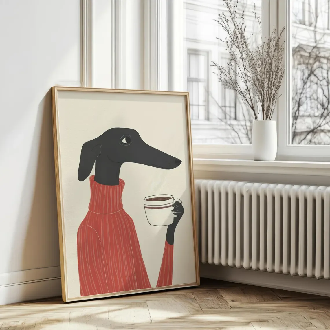 “Retro-Chic Black Hound Dog Wall Art Print - Stylish Canine in Red Turtleneck Sweater Holding Coffee Cup | Minimalist Modern Ill