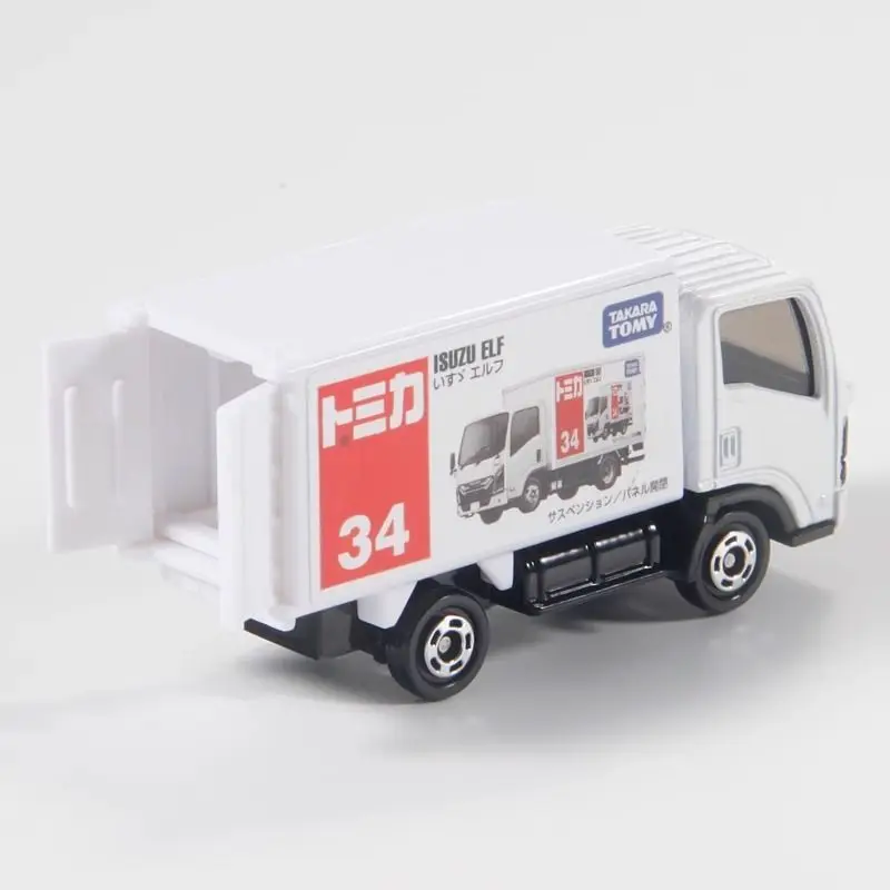 TOMY Takara Tomy Czerwono-Biały Model Samochodu ze Stopu Metali, Symulacja Ciężarówki Isuzu ELF 34, Zabawka dla Chłopców
