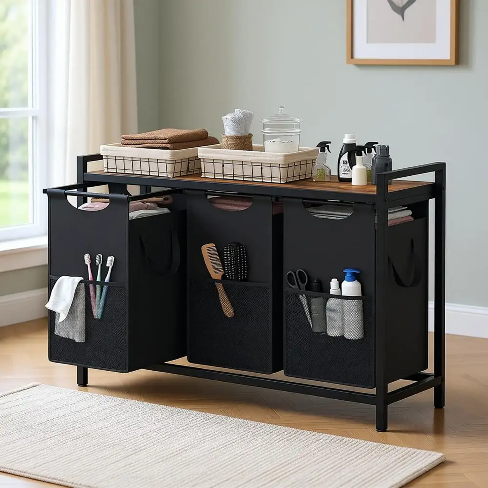 

Triple 15 Gallon Capacity Laundry Baskets with Sorter for Home and Dorm Storage Solutions in Rustic Brown