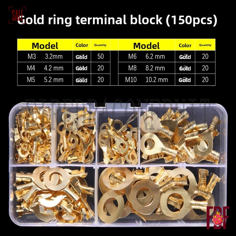 

Набор из 150 золотых кольцевых клемм в коробке, разнообразные электрические соединительные клеммы для обжима