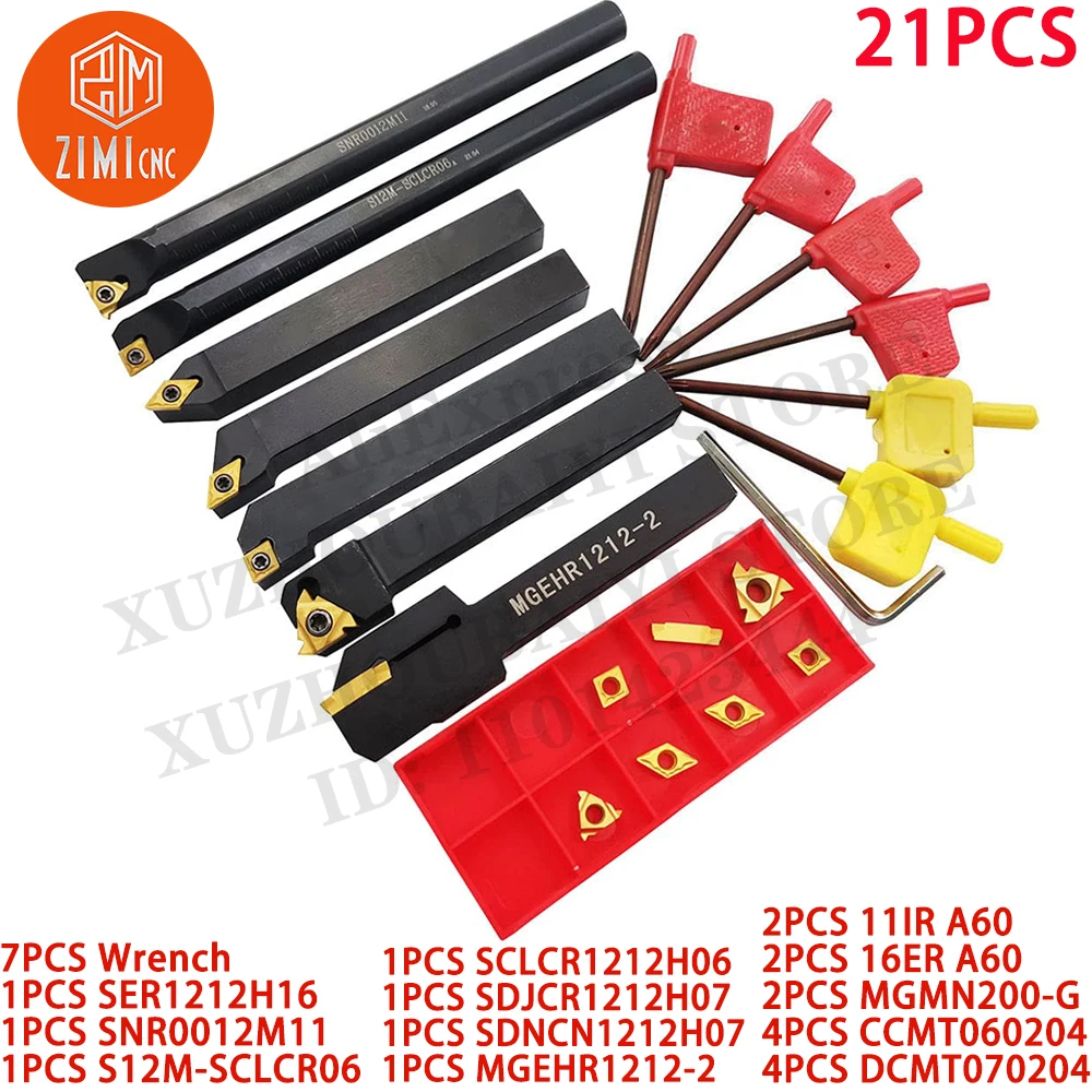 7PCS 12mm Shank Indexable cnc Carbide Lathe Turning Tool Holder + 14PCS Turning Indexable Carbide Inserts CNC tool cutting tools