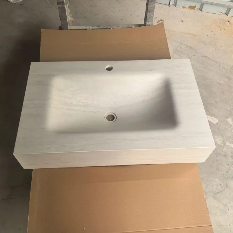 Travertine Stone Integrated Basin Hot Bending Roman Style Bathroom Vanity Countertop Single Sink Washbasin Cut Corner Design