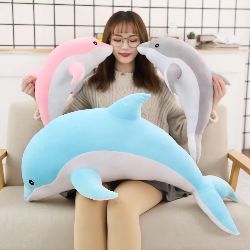 Kawaii Grey Dolphin Plush Toy Soft Blue Stuffed Animal Pink Sofa Long Pillow for Room Decor Christmas Gift for Girls And Boys