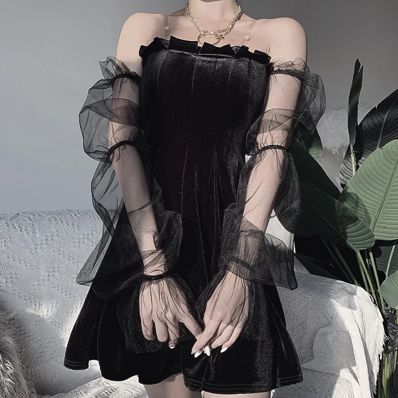 

Dark Goth Mesh Pleated off-Neck High Waist Chest Wrap Graceful Slip Dress