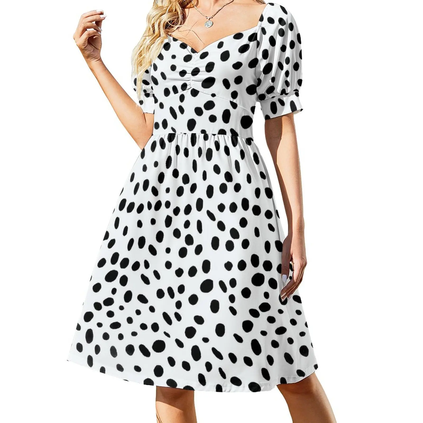 

Dalmatian Dog Dress Black Spotted Design Festival Dresses Ladies Short Sleeve Aesthetic Casual Dress V Neck Oversize Clothes