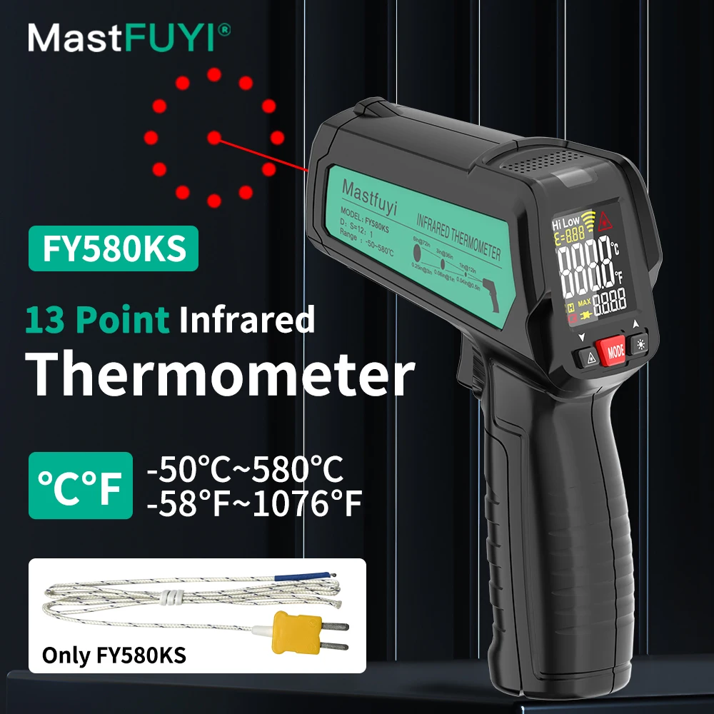 

MASTFUYI Digital Infrared Thermometer Temperature Sensor -50°C~580°C Color Screen Laser Aiming 12:1 Object-to-Distance Ratio