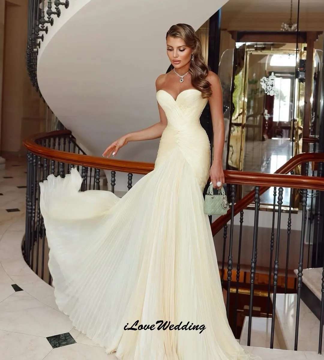 

Light Yellow V-Neck Strapless Prom Dresses 2025 Chiffon Mermaid Wedding Party Dress For Woman Formal Evening Dresses Customized