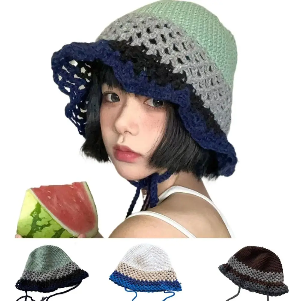 Crochet Knitted Bucket Hat Sweet Lace Up Hollowed Out Beach Hat Sun Protection Contrasting Color Bucket Hat Travel