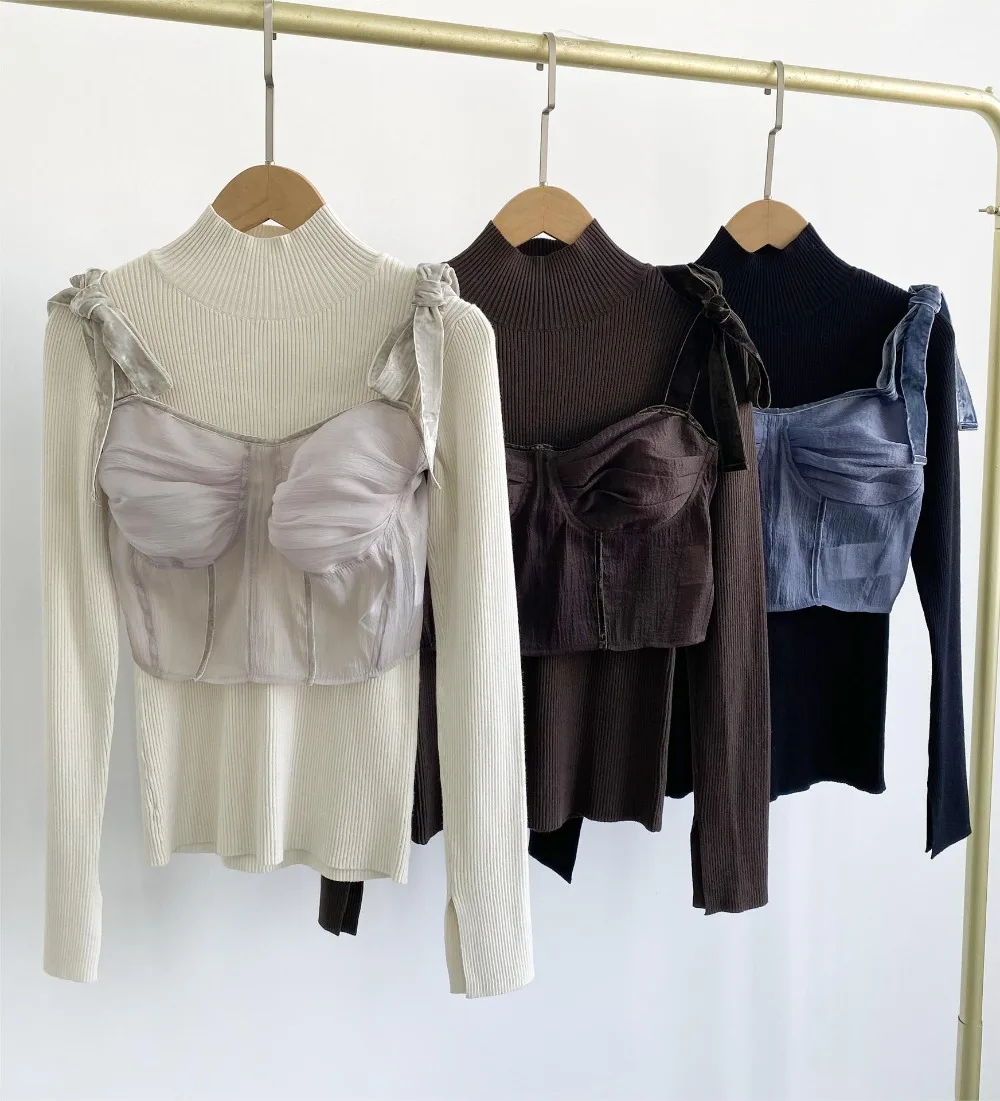 Wakuta Sweet Sling Fresh Tube Top Sets Vest+knit Long Sleeve Half-high Collar Casual Pullovers Japan Moda Elegant Suit Tops