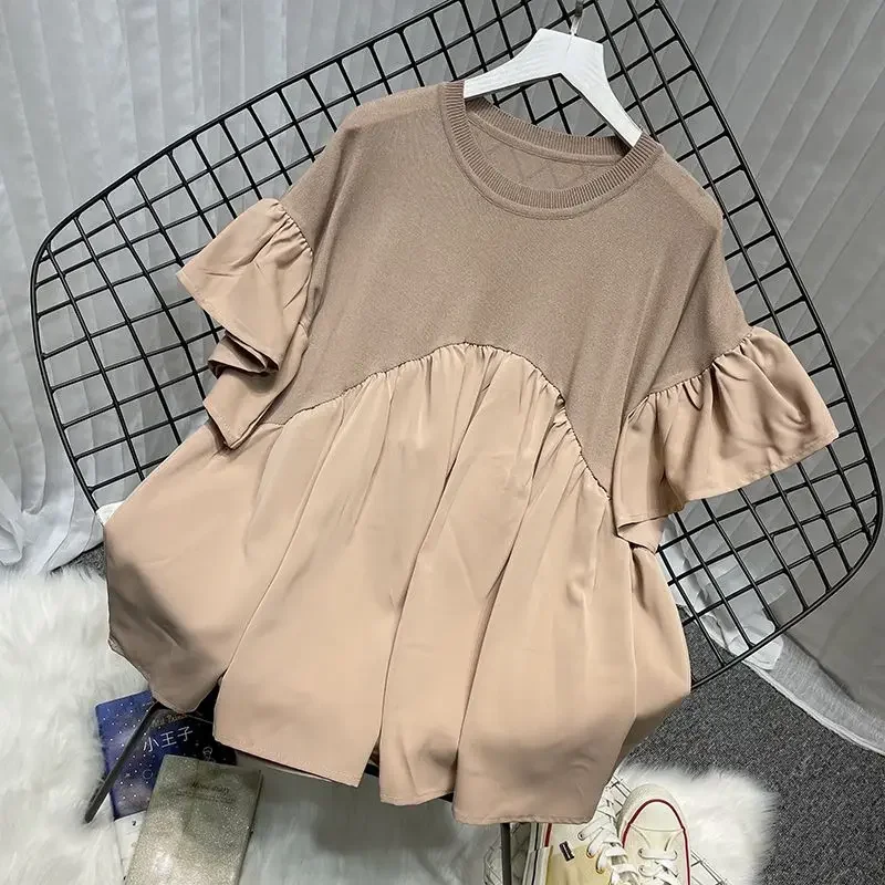 Extra Large 300 Pounds Flare Sleeve Chiffon Spliced Ice Silk Knitted Shirt for Women's Summer Casual Loose Slimming T-shirt Top