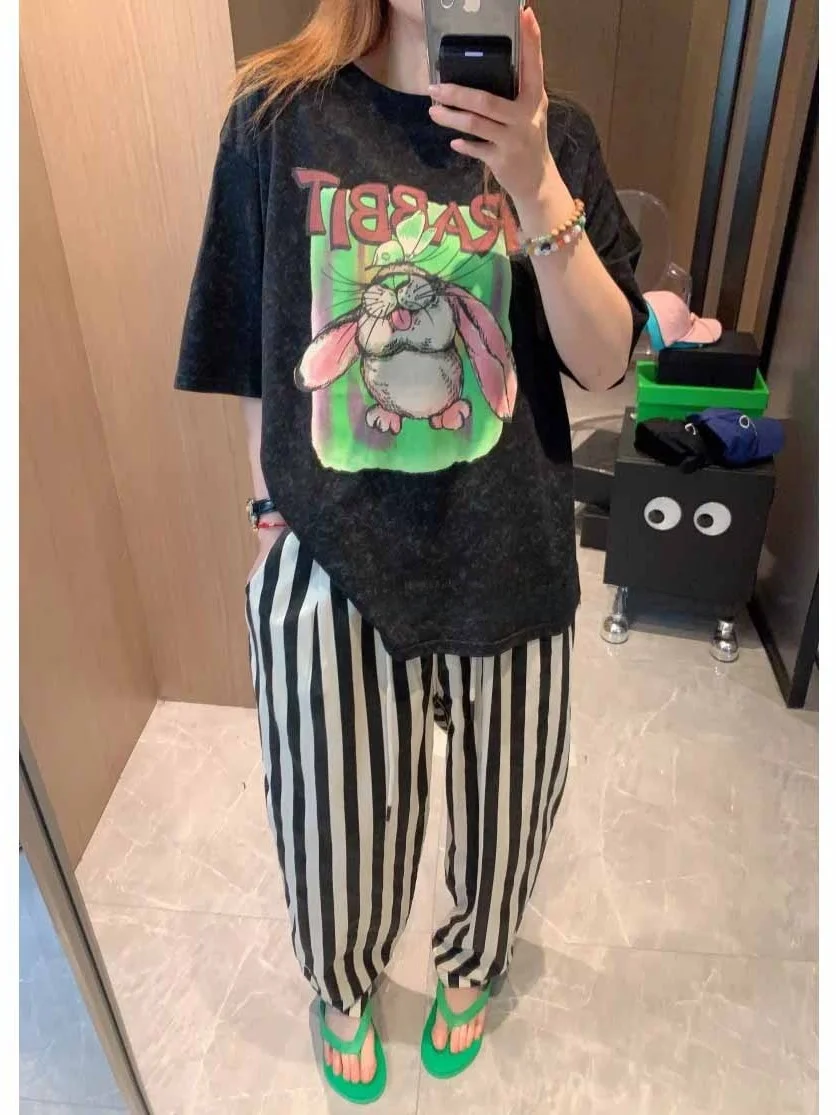 Tamanho grande 300 Pou verão tie dye een coelho dos desenhos animados solto feminino ort Sve camiseta coreano sle algodão umidade wic...