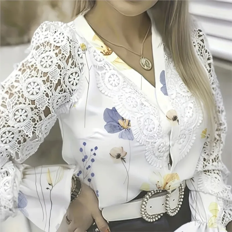 Women Elegant Lace Blouse Autumn Embroidery Petal Sleeve Hollow Out Flower Lace Patchwork Stand Collar Shirt Femme Blusas Tunic