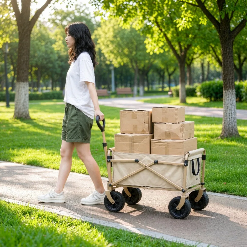 Foldable Camping Wagon, 600D Double Layer Oxford Utility Cart with 360 Swivel Wheels Thickened Frame for Outdoor Grocery Use