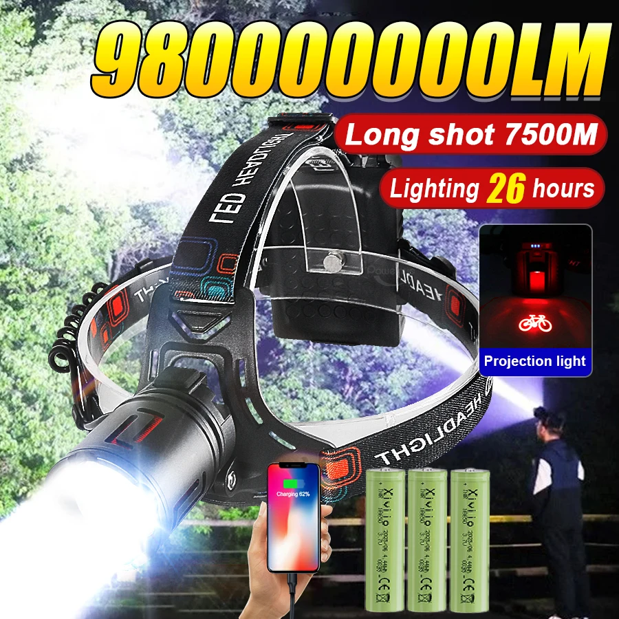 

Сверхмощный светодиодный налобный фонарь 980000000LM Супер яркий налобный фонарь дальнего действия 7500 м Перезаряжаемый налобный фонарь для рыбалки