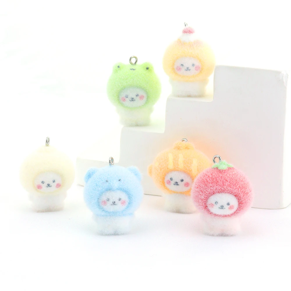 6Pcs Little Bear Flocked Resin Ornaments Animal Pendants DIY Phone Straps Keychains Accessories Handmade Jewelry Materials view 2