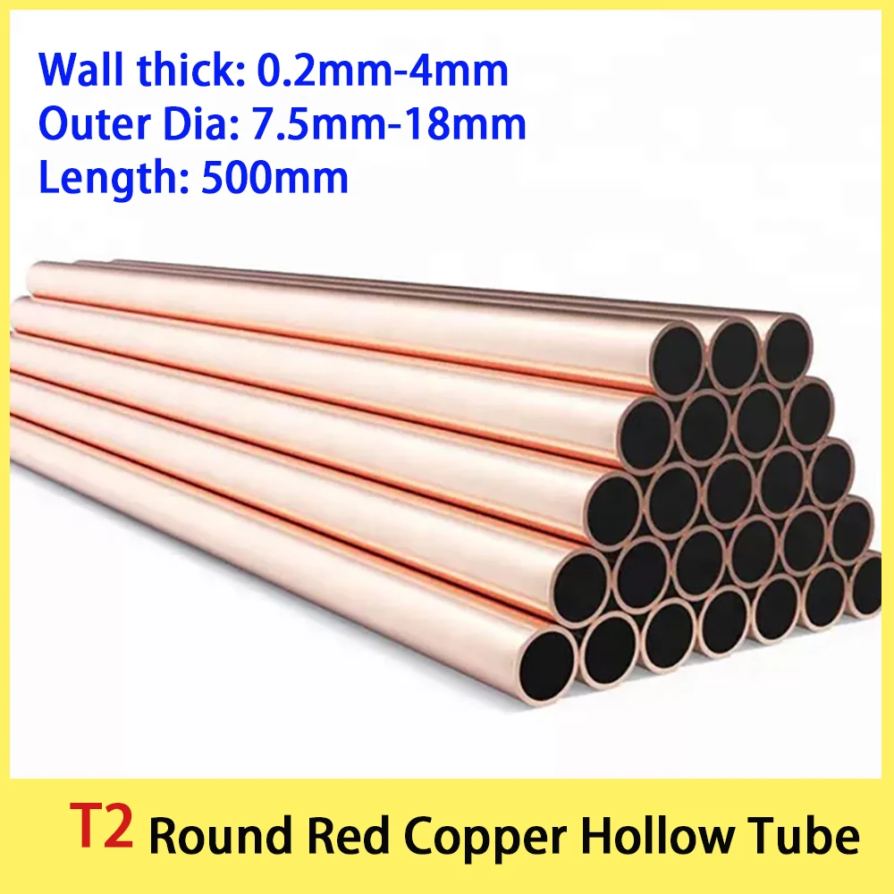 1Pcs T2 Pure Copper Tube Round Hollow Capillary Tube Zero Cutting Processing DIY Part L=500mm OD7.5-18mm Air Conditioning Tube