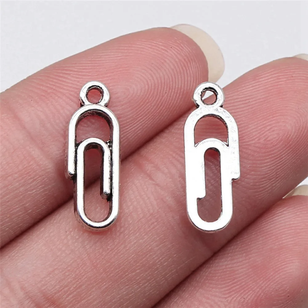 20pcs/lot 19x7mm Paper Clip Charms For Jewelry Making Antique Silver Color 0.75x0.28inch