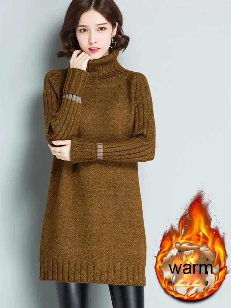 Fleece-lined Turtleneck Mid-length Knitted Sweater Thickened Women's Casual Baggy Jumper Korean Fashion Loose Knitwear Pullover