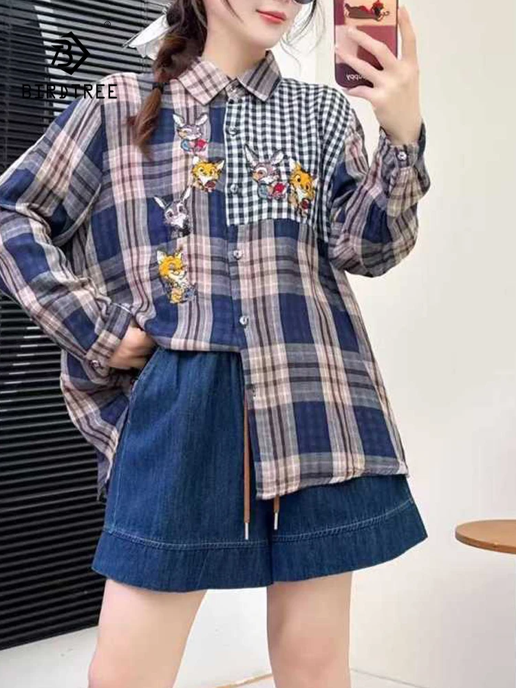 

New 2025 Winter Cotton Yarn Long Sleeve Shirt, Women Lapel Plaid Embroidery, Mori Girl Sweet Casual INS Loose Blouse T5N554CC