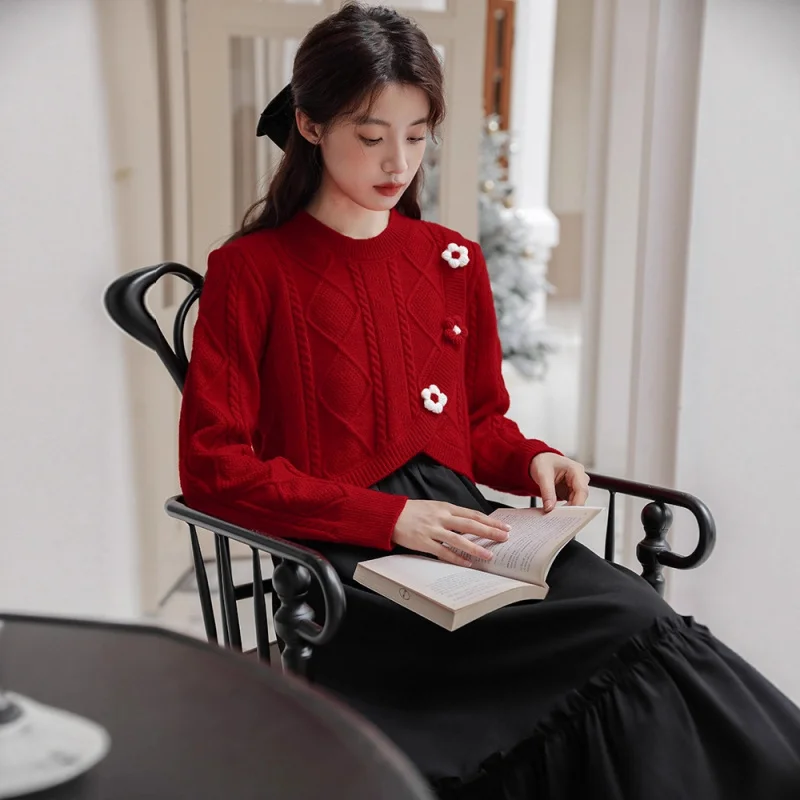 

Women'S Autumn Winter Round Neck Irregular Ribbed Loose Short Knit Sweater + Camisole Dress Two-Piece Set