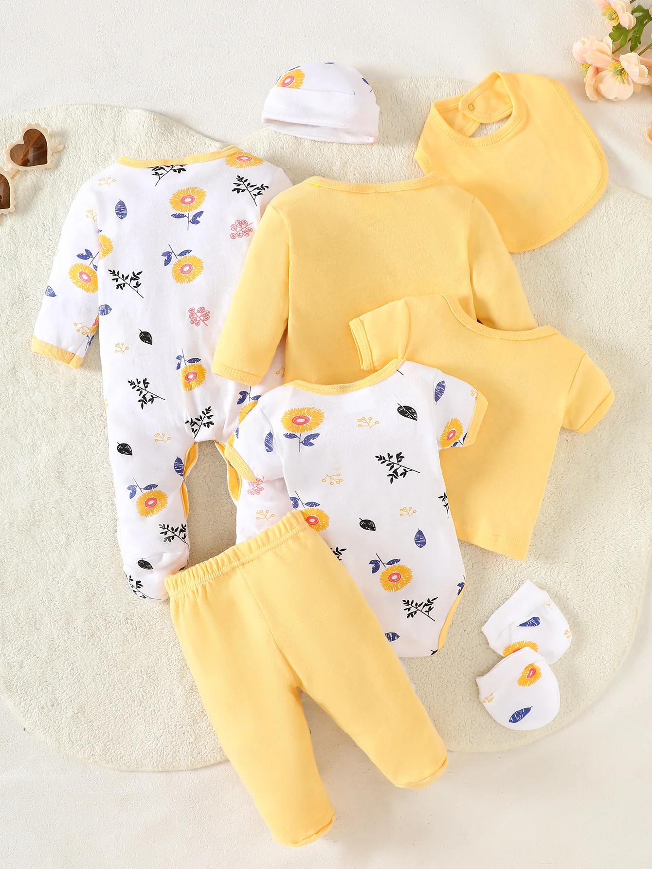 8-Piece Newborn Baby Romper Set, Made of 100% Pure Cotton, Soft and Breathable. Features a Yellow Floral Pattern, Suitable for N
