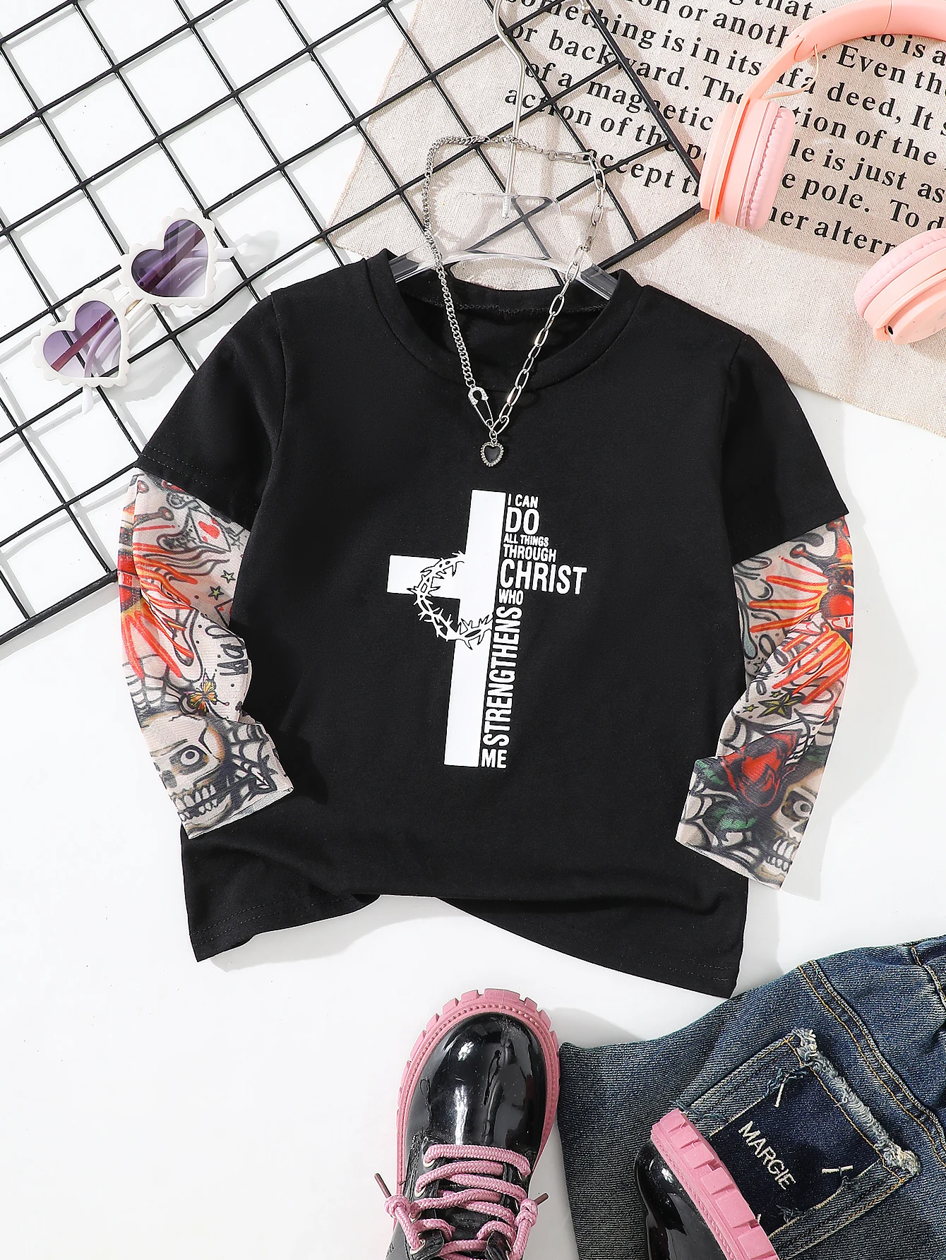 Boy's Cool Fake Tattoo Mesh Sleeve T-Shirt with Cross Bible Verse Print, Trendy Streetwear Top for Kids, Unique Spliced Design