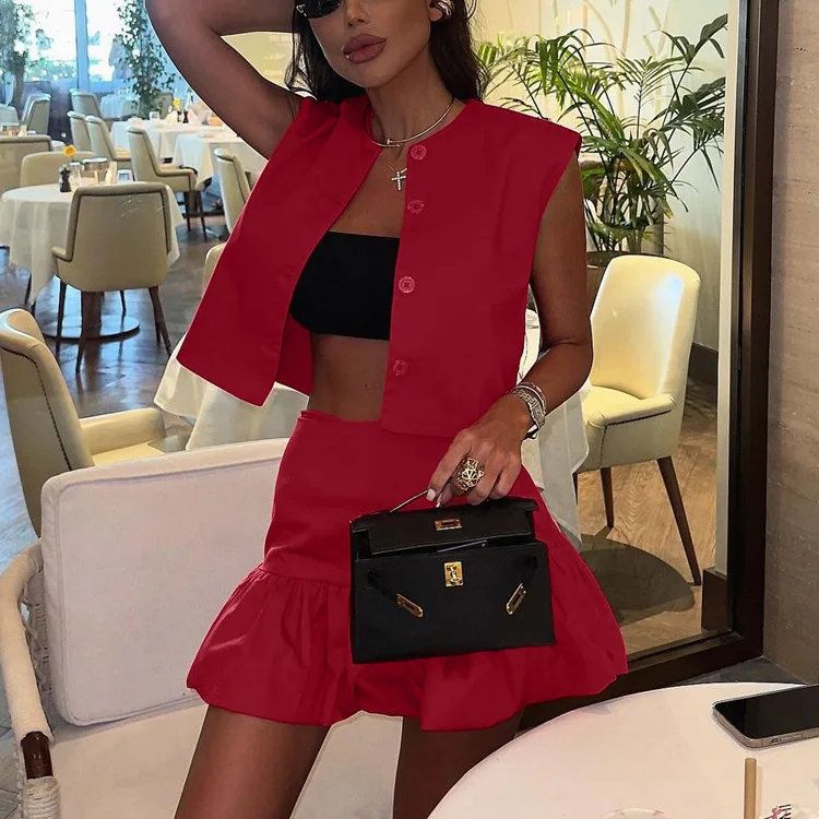 

Женский модный комплект: топ без рукавов с круглым вырезом и мини-юбка с высокой талией, летний элегантный красный хлопковый комплект из двух предметов