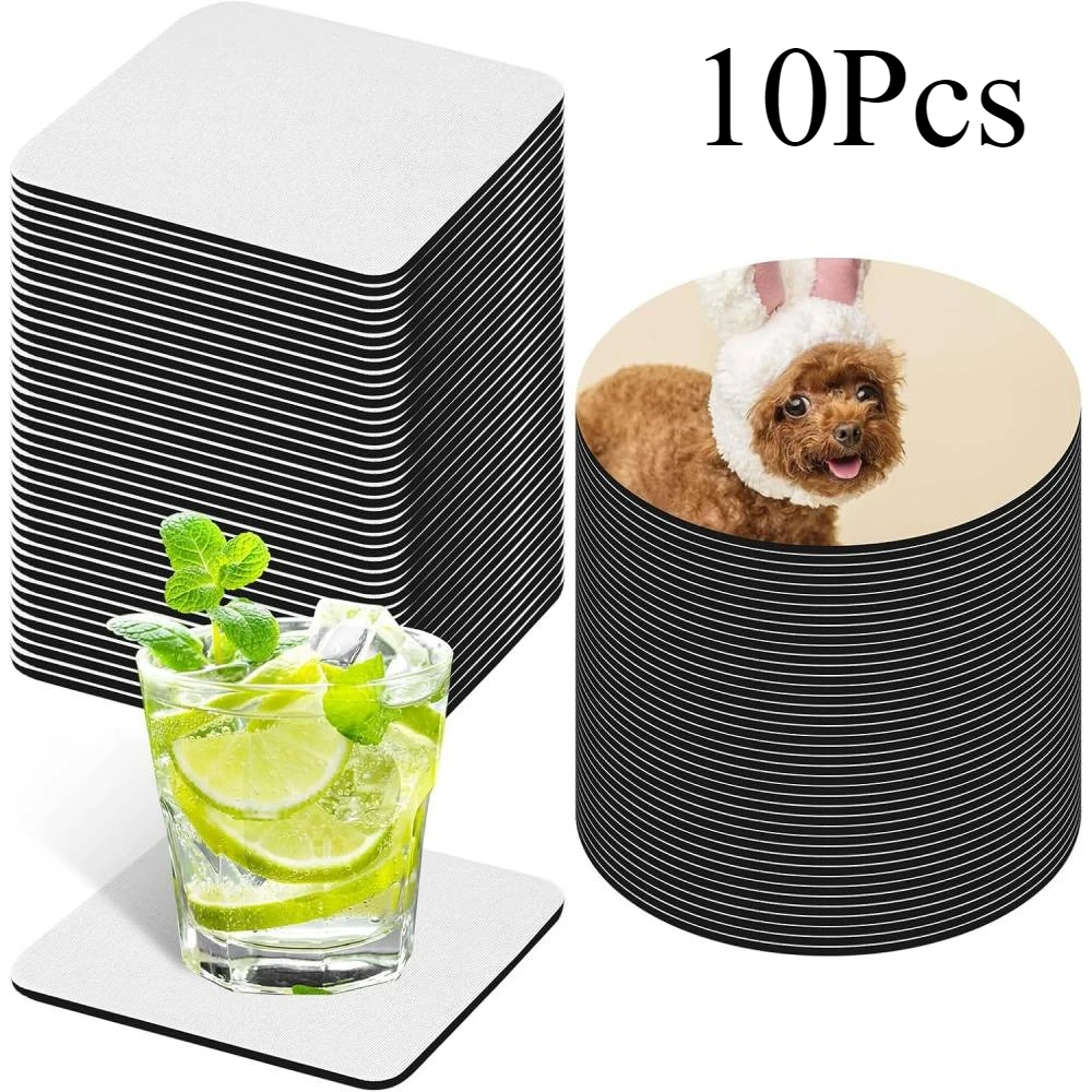 10 Pcs Sublimation Coasters Blanks Bulk Set – Square and Round Rubber Cup Mats for Heat Press Transfer Printing, DIY Craft