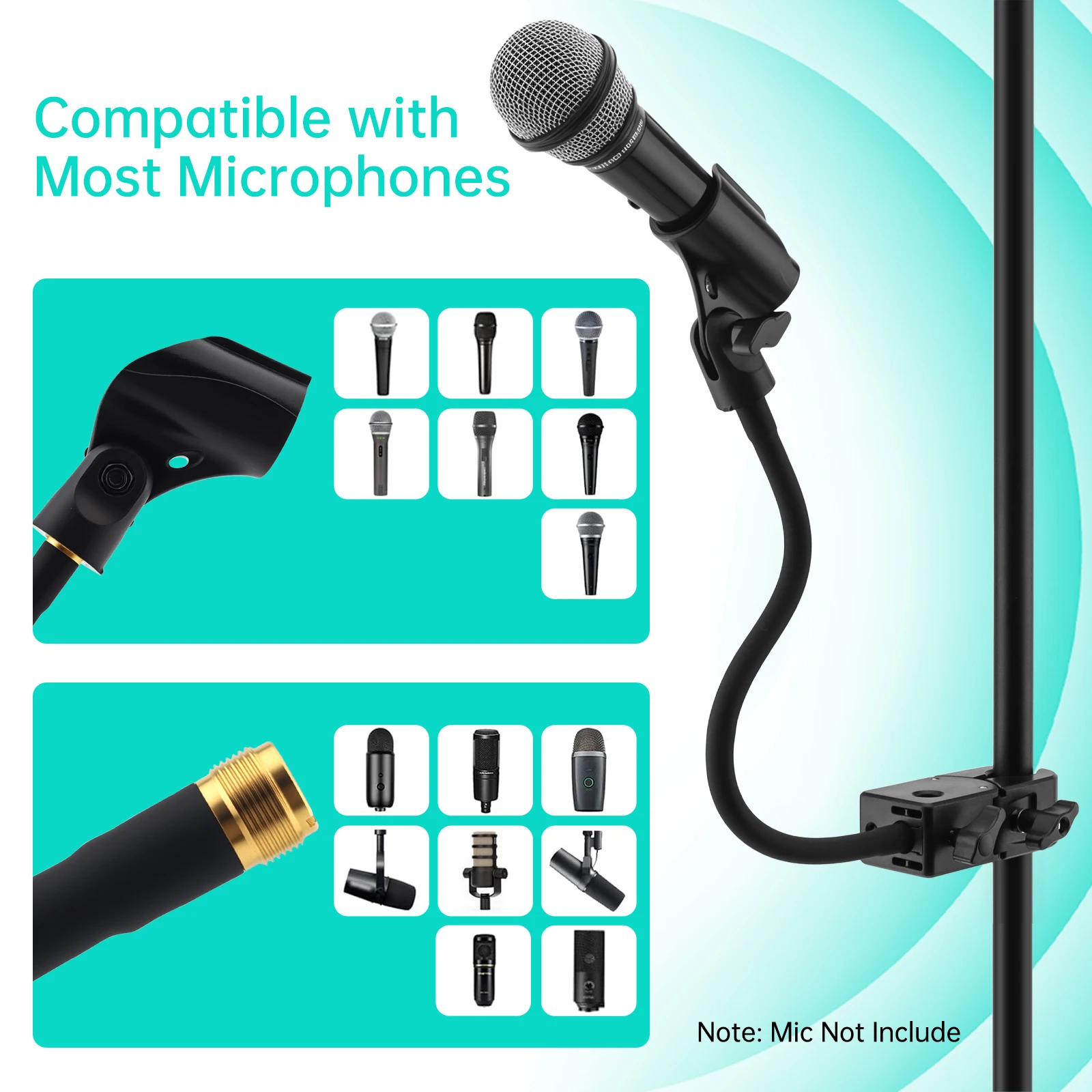 13 inch Gooseneck Microphone Stand Fit for Shure AT2020 with 2 Adapters and Cable Ties Flexible Mic Arm Heavy Duty Super Clamp