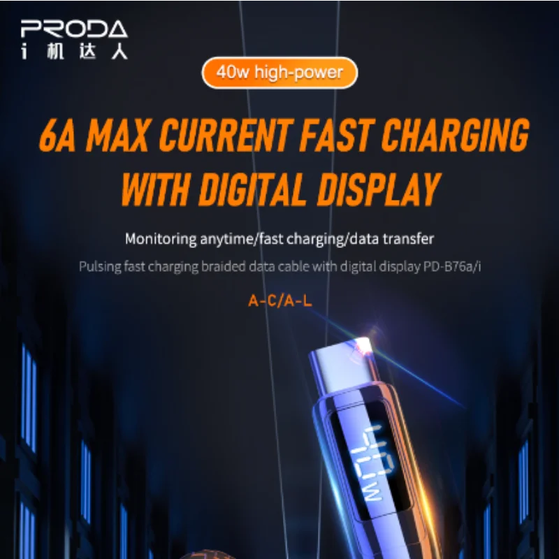 PRODA/AZEADA Pulsing Fast Charging Cable PD-B76a B76i With LED Digital Display USB Type C 40W 2.4A Phone Tablet Data Cable