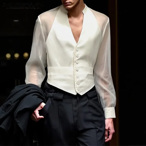 Imagen 2 del producto INCERUN, camisa para hombre de malla de retales con cuello en V, manga larga, transparente, Sexy, informal, camisas para hombre, ropa de calle, Camisas de fiesta a la moda 2025