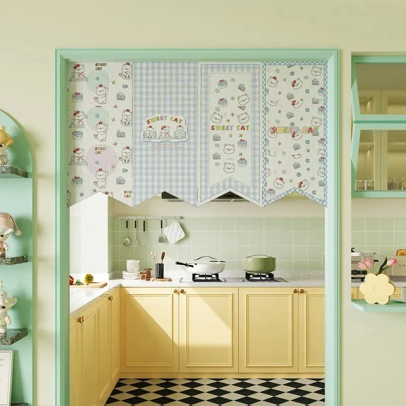 VIKAMA Sweet Cat Valance Curtain Cute Kitten Cake Grid Print Pennant Short Curtain for Kitchen Window Home Decor