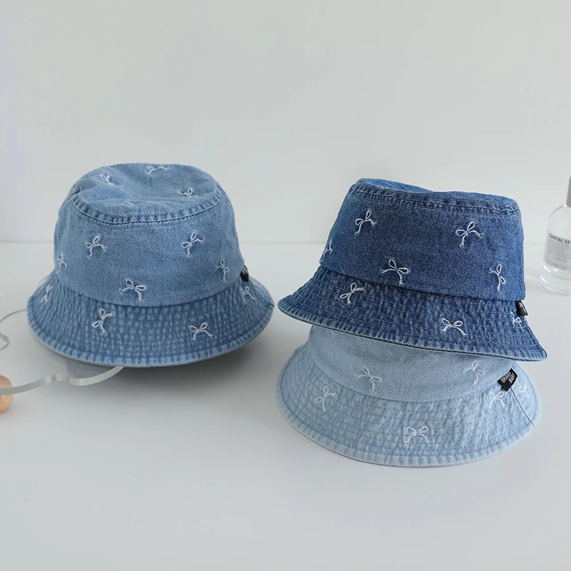 Spring Summer Baby Fisherman Hats Lovely Bow Pattern Kids Boys Girls Outdoor Sun Hat Fashion Denim Children Bucket Caps