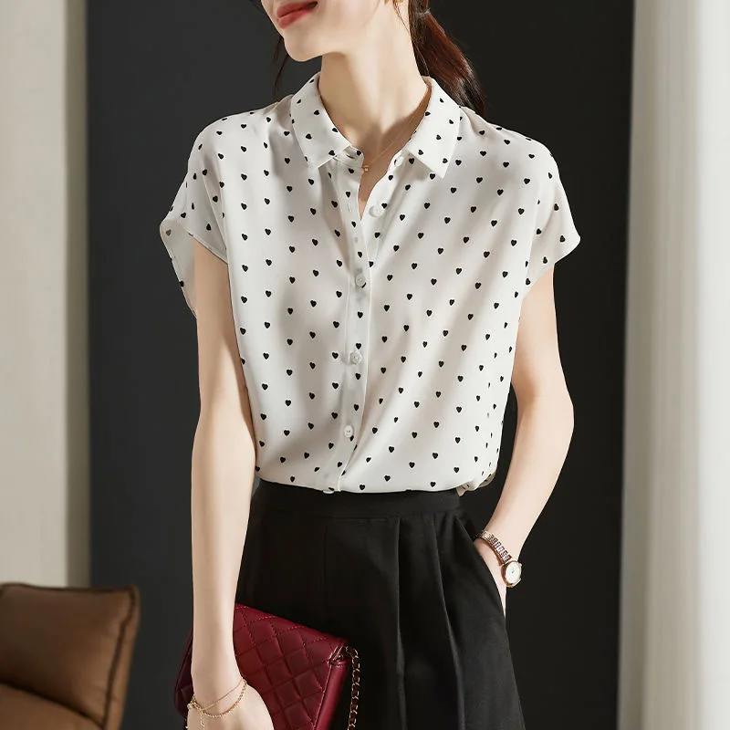 

Women Summer Style Blouses Tops Lady Casual Short Sleeve Turn-down Collar Polka Dot Printed Blusas Tops SP1516