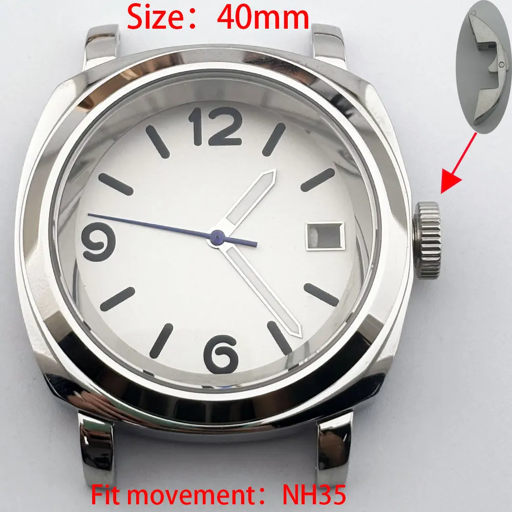 Caixa prateada de aço inoxidável 316L de 40mm com vidro de safira, à prova d'água 5Bar, adequada para movimento NH35 NH36, pulseira de borracha.