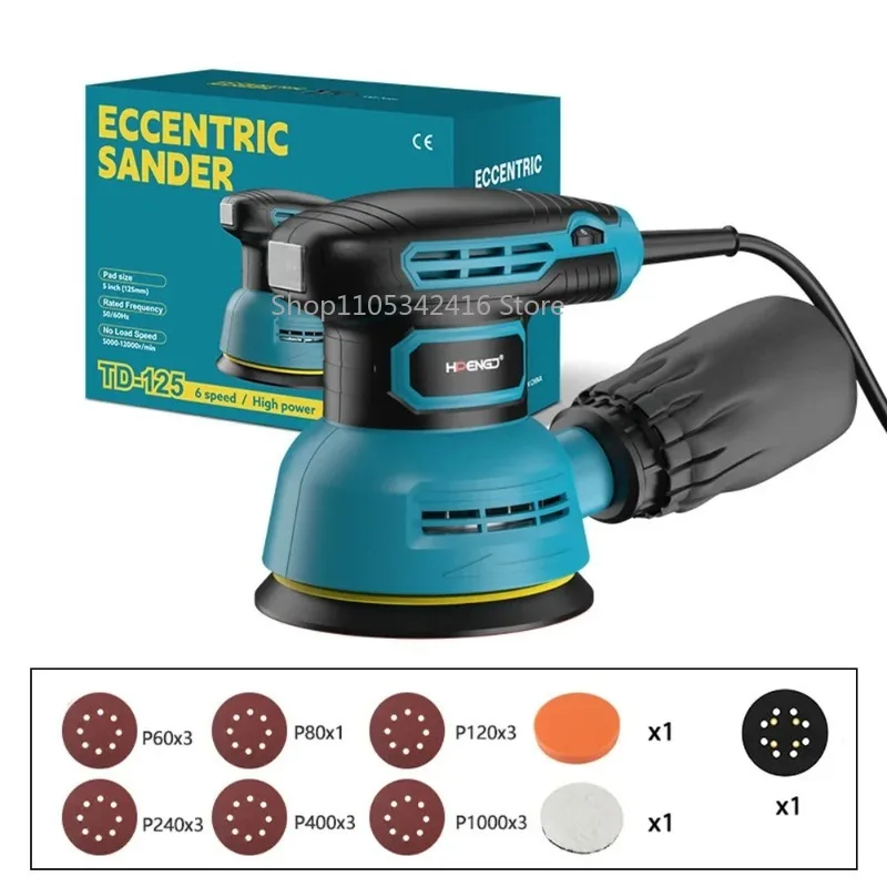300W 5 Inch 125mm Electric Sander 6 Speed Adjustable 3mm Eccentric Orbital Sander for Metal Wood Wall Sanding Car Polishing