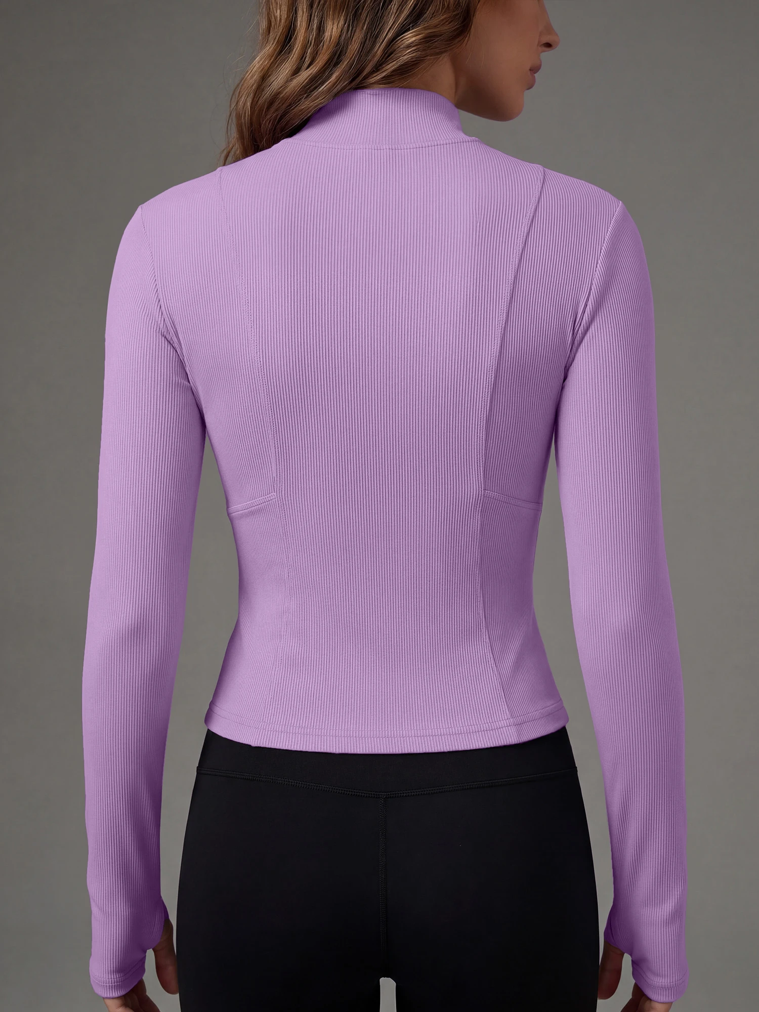 Classic Cropped Full Zip Rib Jacket Ladies Thumb Hole Long Sleeve Knit Daily Layering Outer Tops