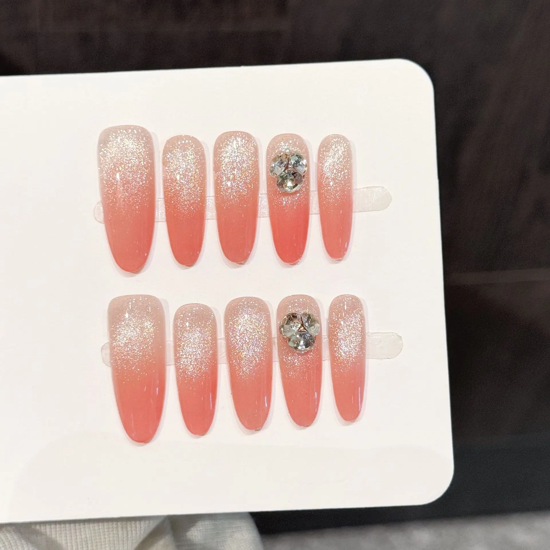 10pcsHandmade Long Oval Press On Nails Glitter Gradient Pink French Gradient Rhinestone Design Fake Nails Wearable Nails Art Tip