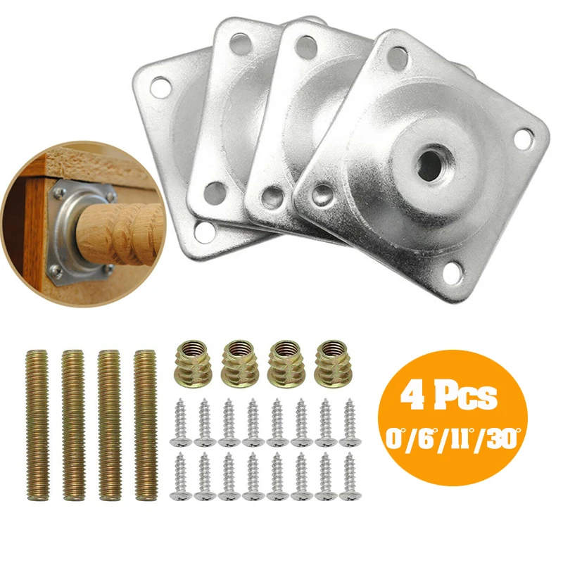 Placa de fijación para patas de sofá, juego de soportes de montaje con tornillos, herrajes para muebles, esquina, 0/6/11/30 grados, 4 unidades