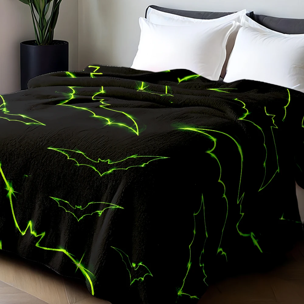 Black Neon Green Bats Soft Flannel Blanket Warm Cozy Throw Blanket for Bedroom Living Room Fuzzy Plush Bedspread Gift for Family - view 6