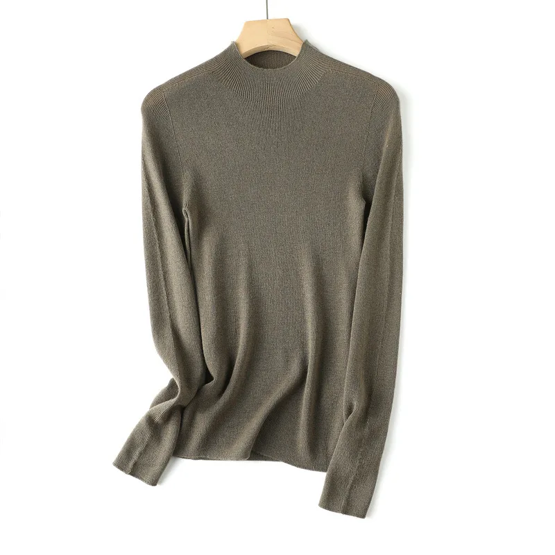 Birdtree 32.7%Sheep Wool Seamless One Piece Pullover Half High Collar Knitted Top Versatile Sweater Underlay For Women T30647QC