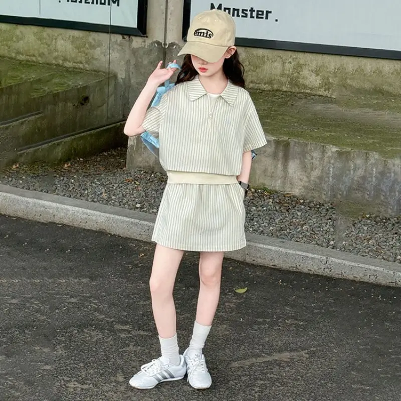 2026 Summer Girls Set Clothes Teenager Striped T-Shirt + Tennis Pleated mini Skirt 4 5 6 7 8 10 11 12 Year Tracksuit