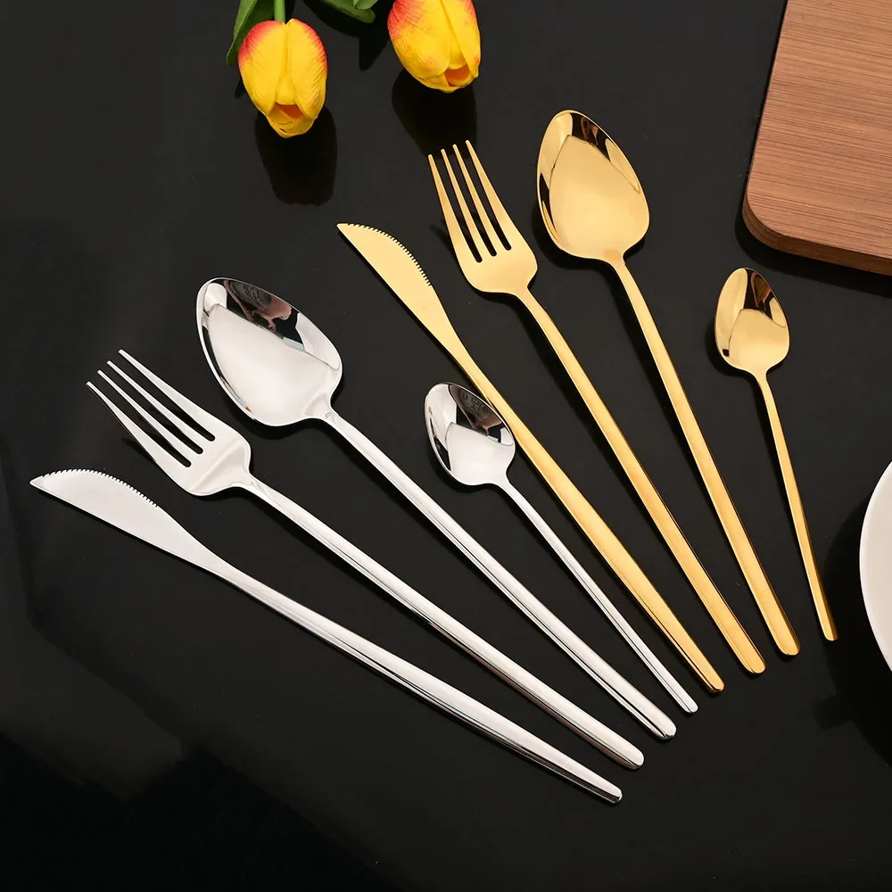 16Pcs Western Black Gold Dinnerware Set Stainless Steel Tableware Flatware Cutlery Set Dinner Knife Fork Spoon Silverware