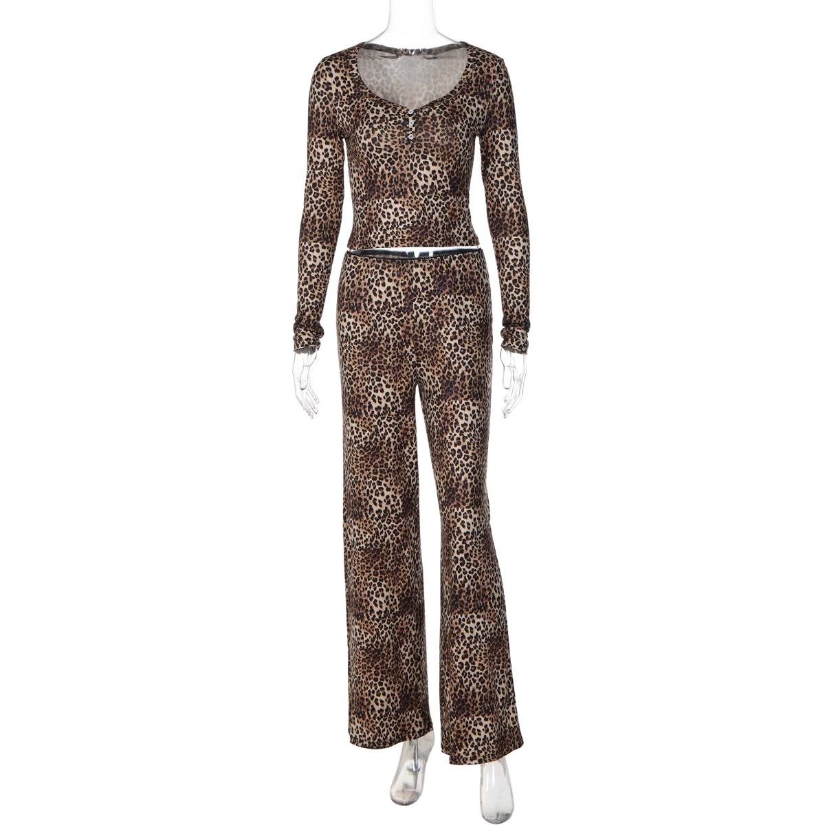 Hugcitar Leopardenmuster 2-teiliges Set Langarm-Knopfleiste Sexy Crop-T-Shirt Top Weite Hose Herbst Damen-Outfits Urlaub Party – Detail 2