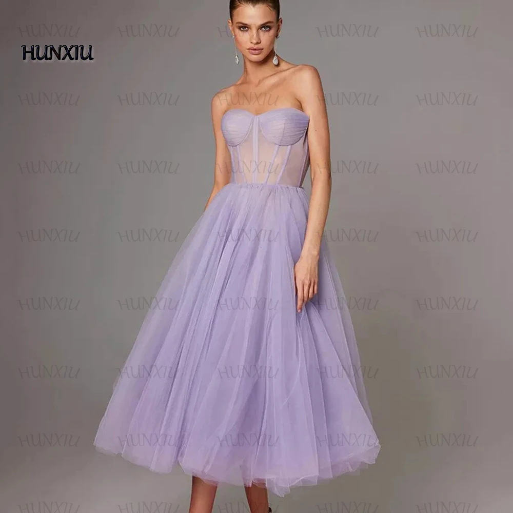 Hunxiu Thee-Lengte Prom Jurken Sweetheart Strapless A-lijn Hoge Kwaliteit Tulle Robes De Soiree Lace Up Multi Size Party gown