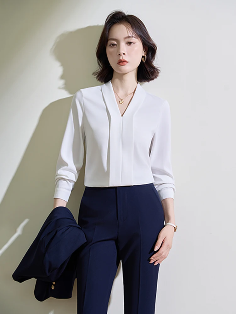 Ele White Long Sve V-Ne irt Dames Faion Commute Interview Professionele Top Herfst Nieuw Sle Eenvoudig Polyester