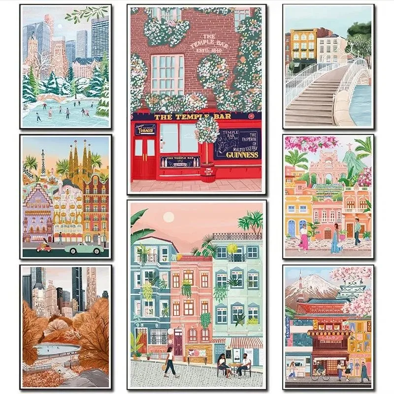 1pc frameless Romantic City Illustration Photography Watercolor Street Landscape Posters Home Decor  home decor wall art poster
