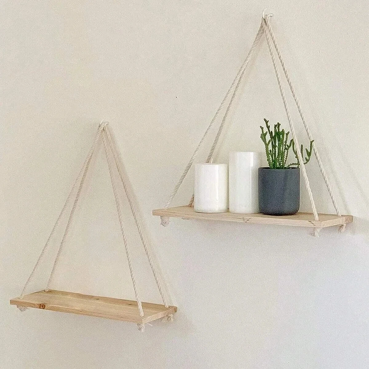 Wood Wall Shelf  Wooden Swing Hanging Hemp Rope Wall Plant Corner Holder Stand For Room Decor Home Decoration