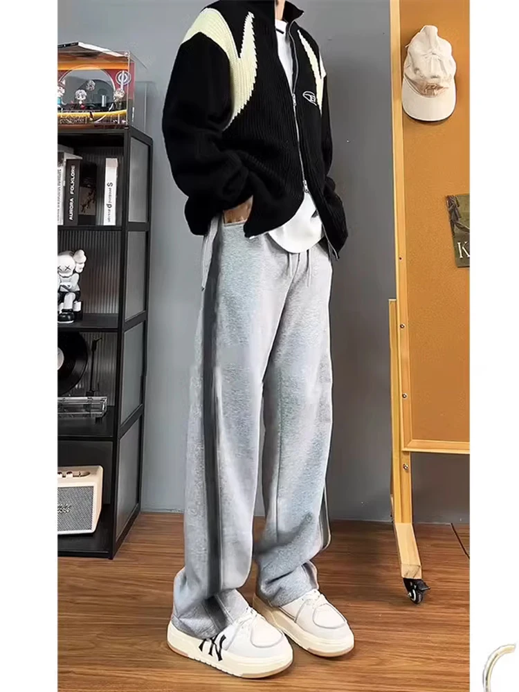 

Мужские зимние широкие брюки на подкладке Fce, прямой крой, повседневные длинные брюки с тяжелым дуговым дизайном, спортивные длинные брюки для отдыха