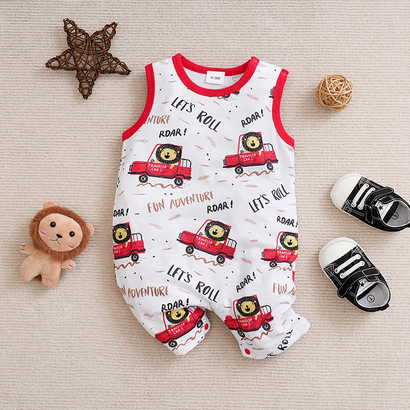 Summer Style Newborn Baby Boy Girl Cute Cartoon Little Lion Car Full Print Comfortable Sleeveless Jumpsuit